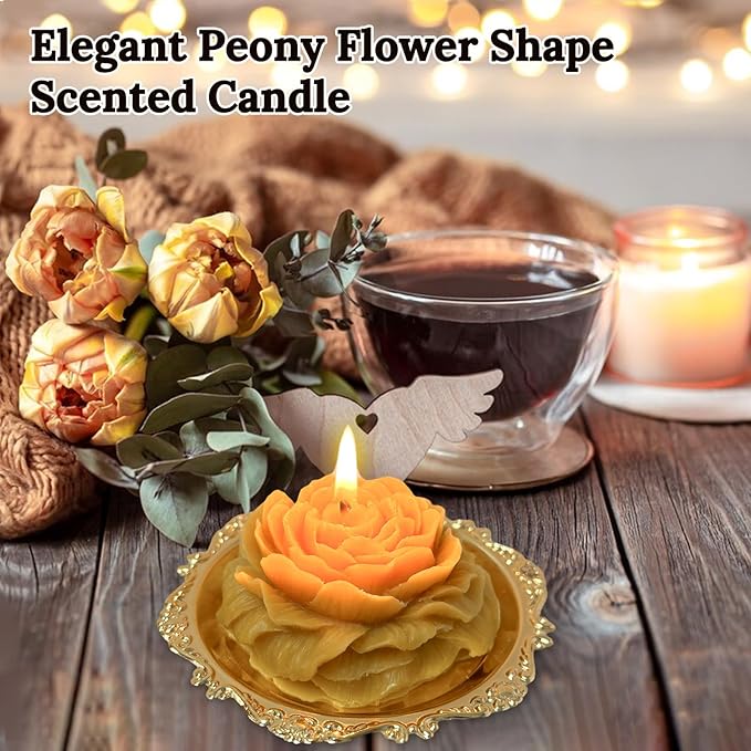 Dark Yellow Peony Flower Shape Candles for Women - Aromatic Pastel Aesthetic Candle with Chamomile Fragrance - Christmas Gift for Friends Colleagues and Classmates (3 inch)