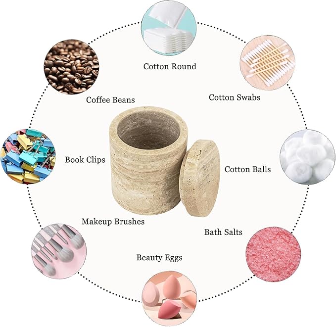 Natural Marble Storage Round Containers Cotton Swab Holder, Organizers with Lids,Travertine Stone Box for Qtips, Makeup, Bathroom Essentials & Home Storage (round box)