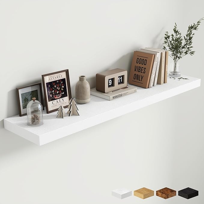 Fun Memories 10 Inch Deep Shelves, Floating Shelves for Wall 48 Inches Long, Wood Floating Shelves for Wall, Large Storage Shelves Wall Mount for Living Room Bedroom, White, Set of 1