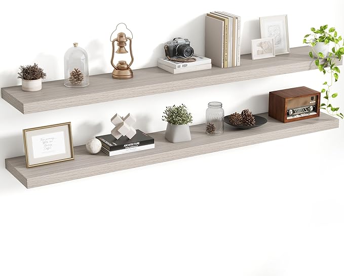 Acovy 55 Inch Floating Shelves, 8 Inch Deep Floating Shelves for Wall, Hanging Shelf with Invisible Brackets, Deep Shelves for Bathroom, Bedroom, Living Room, Grey, Set of 2