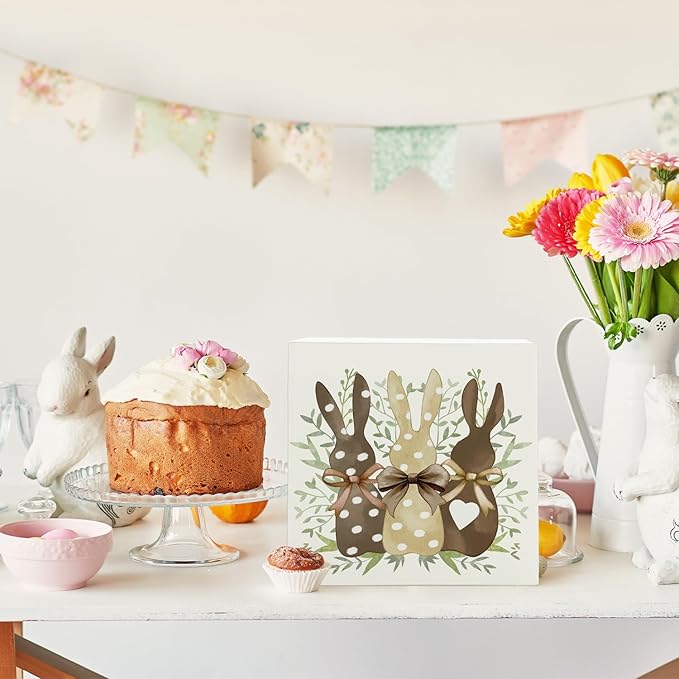 Easter Decor, Rabbit Wooden Box Sign, Rustic Easter Tiered Tray Decorations, Farmhouse Bunny Table Centerpiece Sign for Party Home Kitchen Dining Table Decor 5x5