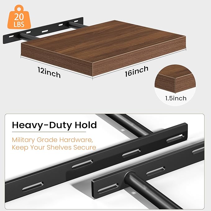 Floating Shelves for Wall, 16'' W x 12'' D Wall Mounted Rustic Wood Shelves for Bathroom, Bedroom, Living Room, Kitchen, Hanging Shelf for Storage/Room Decor with Heavy Duty Brackets, Walnut, 2 Pack