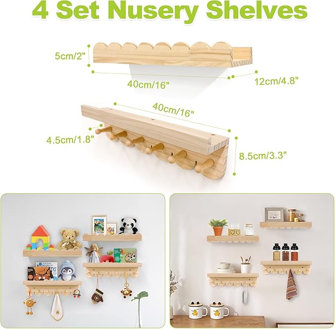 Floating Nursery Book Shelves for Wall, 16'' Wood Book Shelf for Baby Boys Girls Bedroom Bathroom and Décor Storage, Wall Shelf for Books, Plants, Toys, Photo Frames (Wooden, 4 Pack)