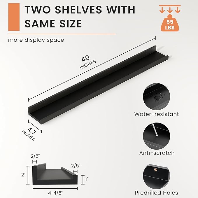 FLYJOE Picture Ledge Shelf, Floating Shelves Set of 2, 40 Inches Nursery Book Shelves for Toys Storage, Kids Bookshelf Wall Mounted for Living Room Bedroom Decor Books Photo Frames, Black
