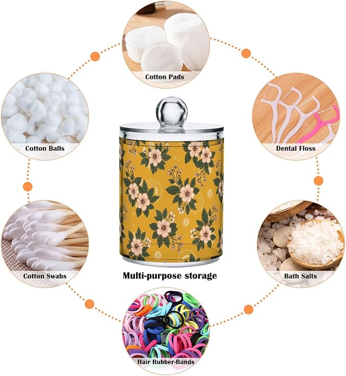 Floral Flowers Leaves Yellow Pattern Bathroom Containers Holder with Lids Set Clear Jars 2 Pack Plastic Makeup Storage Organizer 4.13 x 2.75In for Cotton Swabs Hair Clips Pads