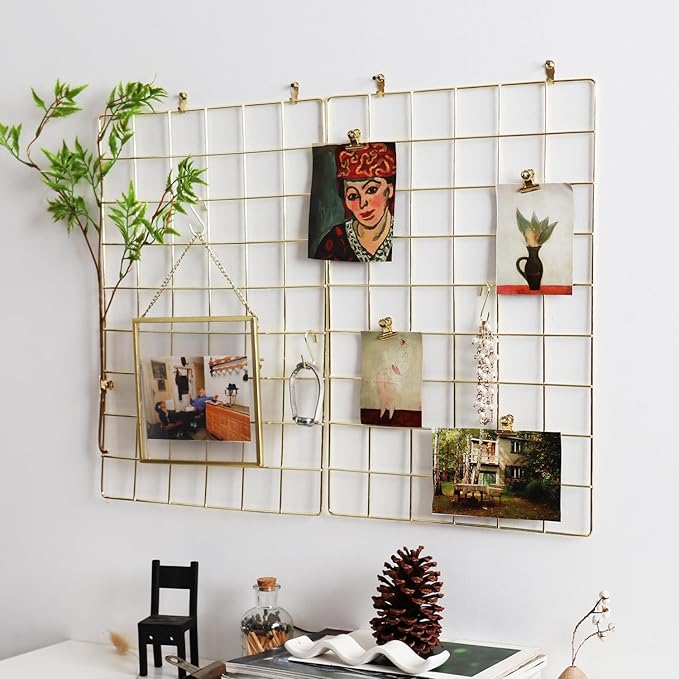 Metal Mesh Wall Grid Panel for Photo Display,Message Board,Size: 17.5" x 11.8",Pack of 2 (Gold)