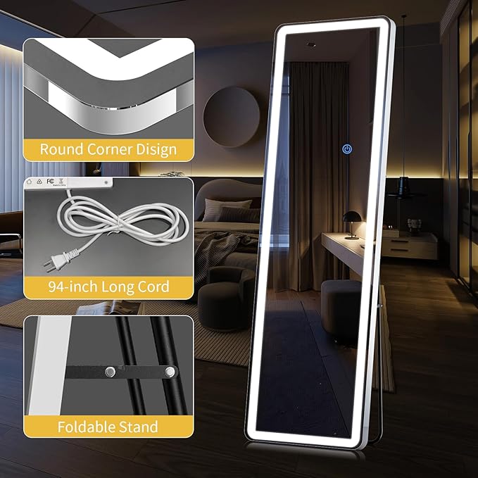 Standing Mirror Full Length with LED Lights, 71"x30" Lighted Mirror with Dimming & 3 Color Lighting, Tall Mirror Full Body for Bedroom, Dressing Room