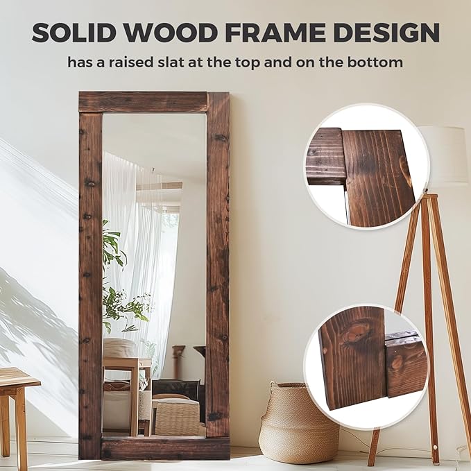 Full Length Mirror 65"x24" – Solid Wood Frame, HD Tempered Glass, Wall Mounted & Leaning, Rustic Modern Decor for Bedroom, Living Room, Entryway, Brown