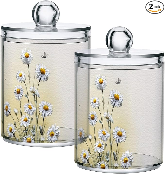 2 Pack Apothecary Jars Little Daisies and Black Cats Bathroom Vanity Storage Organizer Set,Small Clear Plastic Storage Jars Bathroom Canister for Cotton Swabs, Rounds, Balls, Qtips,Makeup Spong