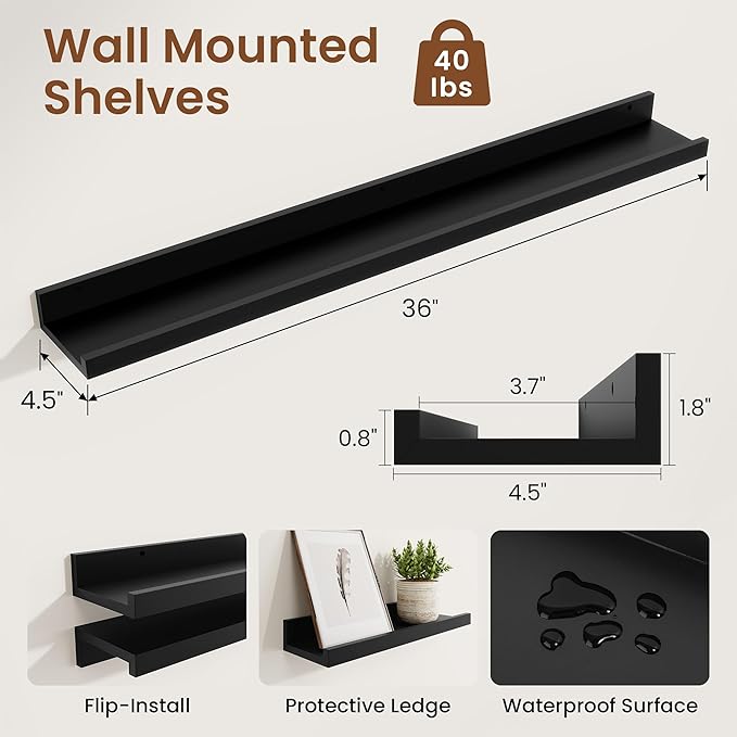 Heimlove Picture Ledge Shelf,36 inch Long Floating Shelves for Wall Set of 2,Black Picture Shelf with Lip for Wall Decor,Living Room,Bedroom,Bookshelf,Nursery,Perfume
