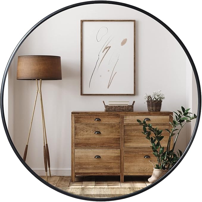 Growsun 39 inch Black Round Mirror, Large Wall Mounted Circle Mirror Metal Frame for Bathroom, Entry, Dining Room, & Living Room
