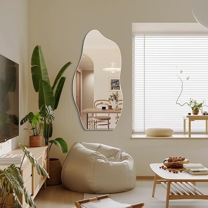 Niccy 48"×24" Frameless Wavy Full Length Mirrors, Long Wall-Mounted Mirror for Living Room, Large Full Body Floor Mirror, Explosion-Proof Tall Hanging-Mirror for Bathroom Bedroom Entryway Decor
