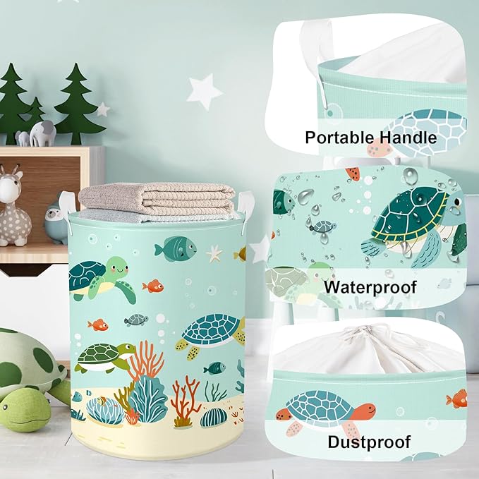 Sea Animals Laundry Hamper Ocean Fish Coral Large Storage Basket Parents Organizer Kids Clothes Toy Bins for Bedroom, Bathroom, Green Turtles, 63L