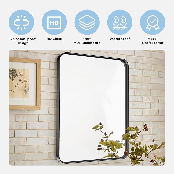 NEWBULIG 24X36 Inch Bathroom Wall Mirror, Vanity Bathroom Mirrors for Over Sink Tempered Glass, Anti-Rust Metal Framed Rounded Rectangle, Hangs Horizontally or Vertically, Farmhouse Home Decor, Black