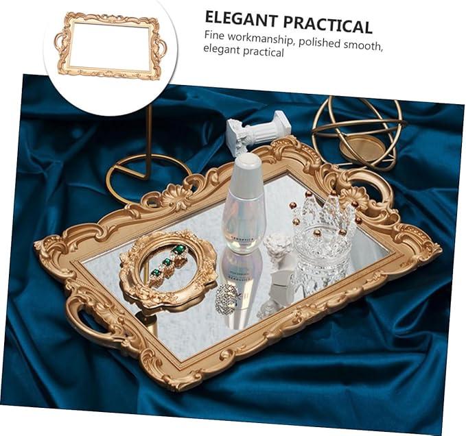 European Mirror Plate Decorative Tray Golden Retro Makeup Organizer Tray for Perfume Storage and Photo Props Home Décor Accent for Bedroom and Bathroom