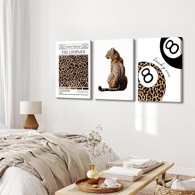 Set of 3 Trendy Leopard Canvas Wall Art Funky Lucky 8 Ball Posters Prints Preppy Room Aesthetic Cheetah Wall Decor Pictures for Girly Bedroom Apartment Dorm 16x24in