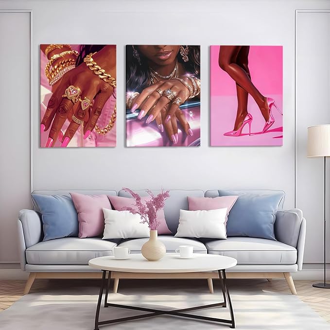 Pink Fashion Black Girl Canvas Wall Art Set of 3 African American Black Woman Posters Wall Decor Fashion Black Woman Pictures Prints for Living Room Bedroom Artwork Home Decoration 16x24Inch Framed