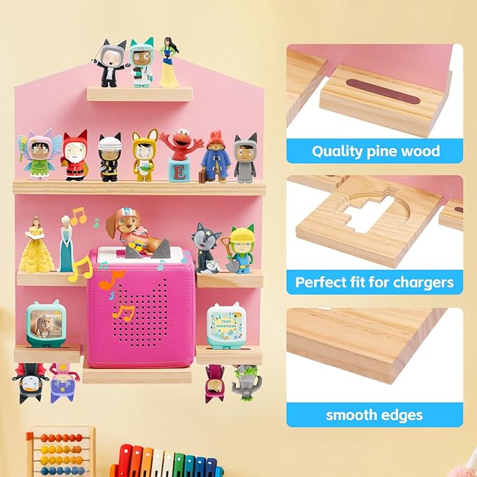 Gieanoo for for TonieBox 2/1 Toniebox Shelf, Magnetic Shelf for Tonies Pine Wooden Floating Wall Shelves Organizer Compatible with Tonie Box Player and Tonie Figures Storage(Pink)