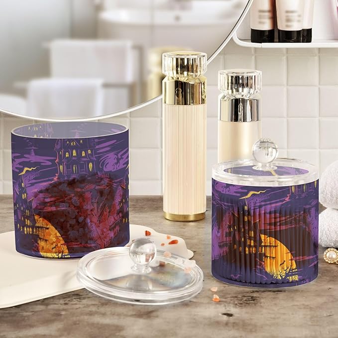 Haunted House on Haunted Hill Purple Clear Plastic Makeup Organizer Storage with lid Bathroom Essentials Decorative Dental floss storage jar for Cotton Swabs,Cotton Pads,Floss Picks,Paper