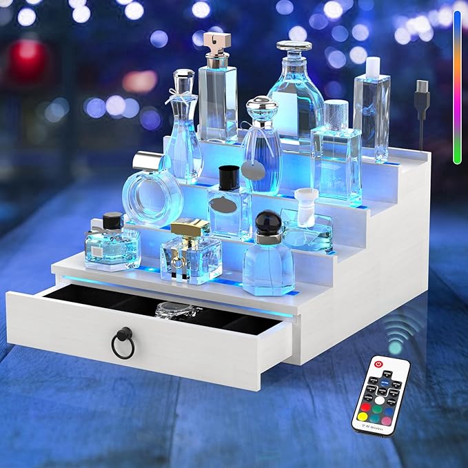 LED Lighted Cologne Organizer for Men, 4 Tier Wood Perfume Organizer with Velvet Lined Drawer, Multi Lighting Modes Perfume Display Holder with Remote Control, Cologne Shelf Stand, Nice Gift for Men