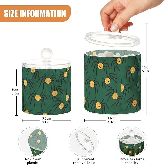 Happy Halloween Spider Green Clear Plastic Makeup Organizer Storage with lid Dresser Essentials Decorative Dental floss storage jar for Cotton Swabs,Cotton Pads,Floss Picks,Paper Clips,Hair