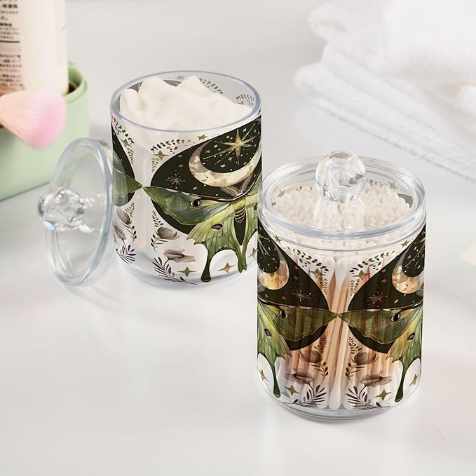 4 Pack Qtip Holder Dispenser Luna Moth Moon Cotton Ball Swab Round Pads Floss Clear Bathroom Storage Containers Plastic Apothecary Jars with Lids