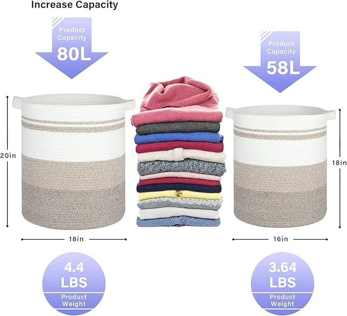 laundry hamper 18x18x20, 80L – large basket for blankets, toy basket,Cotton Rope Blanket Basket Living Room, Baby Laundry hamper for Blanket, Nursery, –stuffed animal storage(Rainbow color)