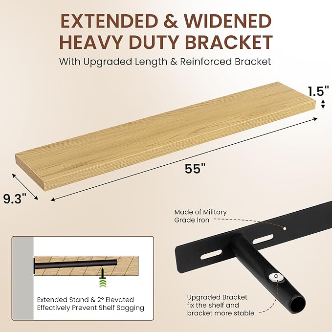 Dreamland 55 Inches Floating Shelves for Wall, 9.3" Deep Long Floating Shelves Set of 1, Large Display & Storage Shelf, Wall Shelf for Bathroom Bedroom Living Room Kitchen Office, Oak