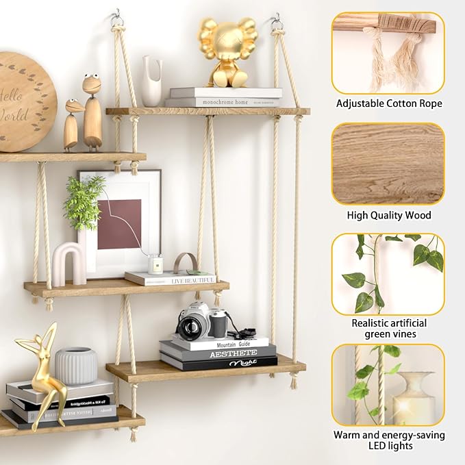 Hanging Shelves for Wall 5 Tier Macrame Rope Floating Shelves with Vine Lights Boho Wall Mounted Decor Wood Organizer Storage Rack for Bedroom, Bathroom, Kitchen