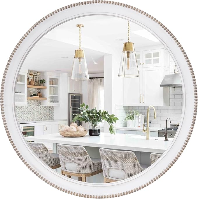 sawsile Round Wood Mirror,32 inch Circle Rustic Farmhouse White Wooden Frame Boho Beads Wall Mirror for Bathroom,Living Room,Bedroom or Entryway
