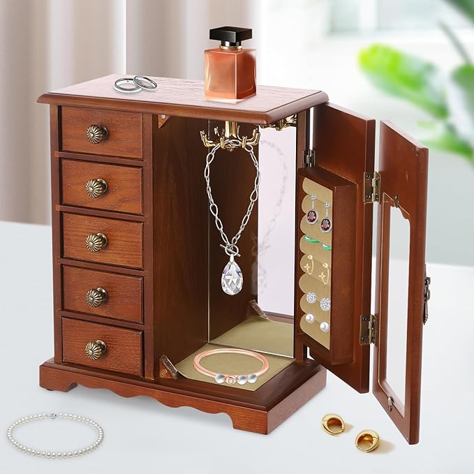 Wooden Jewelry Box, Jewelry Organizer With 5 Drawers Built-in Necklace Carousel and Mirror for Necklaces, Earring, Rings (Dark Wood Color)