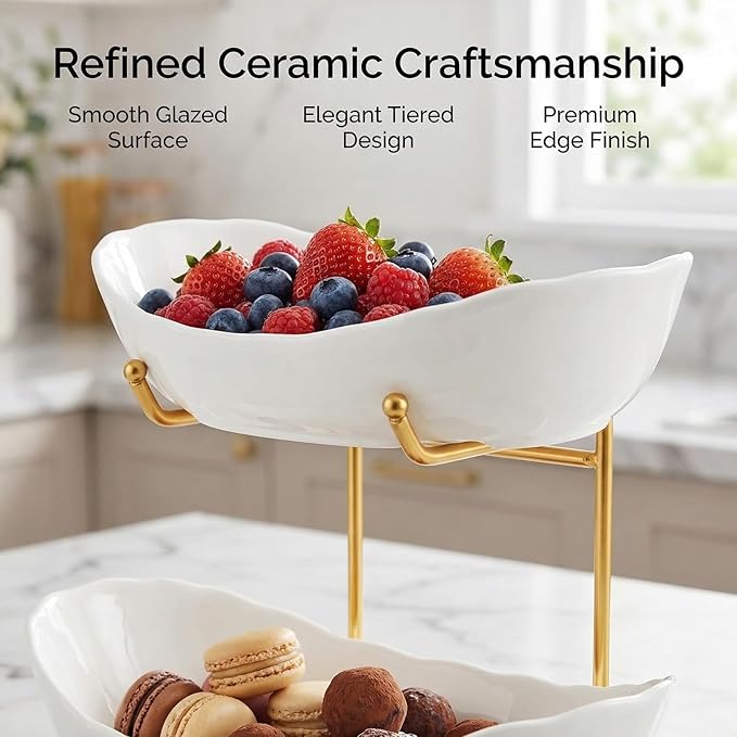 2-Tier Ceramic Fruit Basket, Decorative Tiered Stand for Kitchen Countertop, Fruit and Vegetable Storage Organizer, for Home Decor (White and Gold)