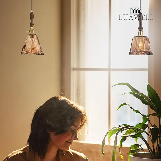 Modern Amber Glass Pendant Light, 4.33"x9.8" Hanging Fixture with Golden Wood Handle & Brass Cap, 15"-72" Adjustable Line, E26 Socket – Golden Amber Square