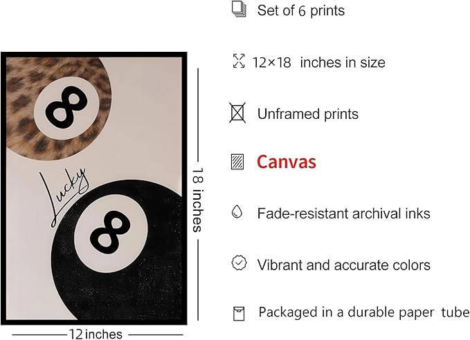 ZxXzkwpP Black Cheetah Print Room Decor Poster, Trendy Red Fashion Leopard Print Wall Art Aesthetic Lucky 8 Ball Poster Coquette Preppy Y2k Red Funky Art For Bedroom (Black 12x18x6 Unframed)