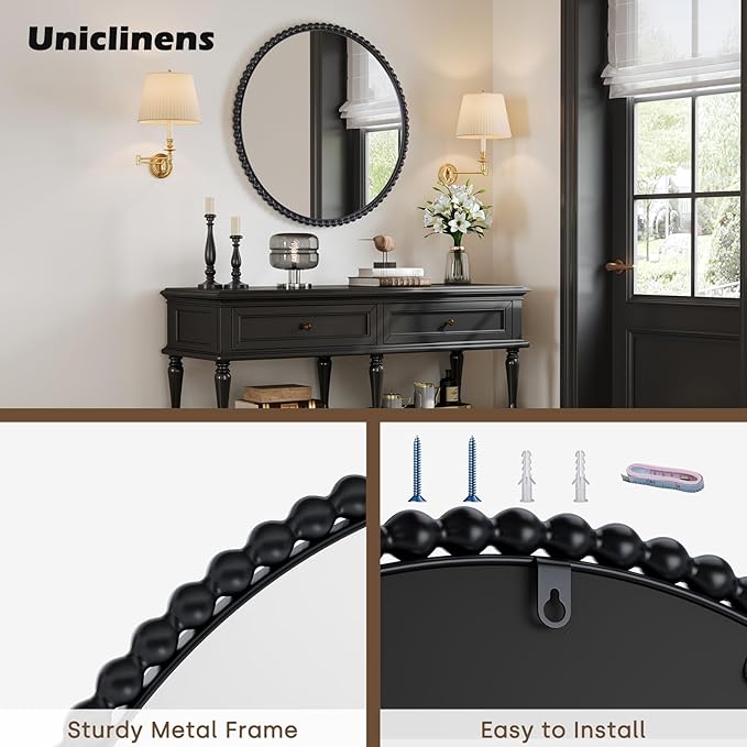 Uniclinens Beaded Round Wall Mirror Large - Vintage Mirror Wall Decor 31.5" with Metal Frame, Ideal for Entryway, Fireplace, Living Room, Hallway, Bathroom, Black