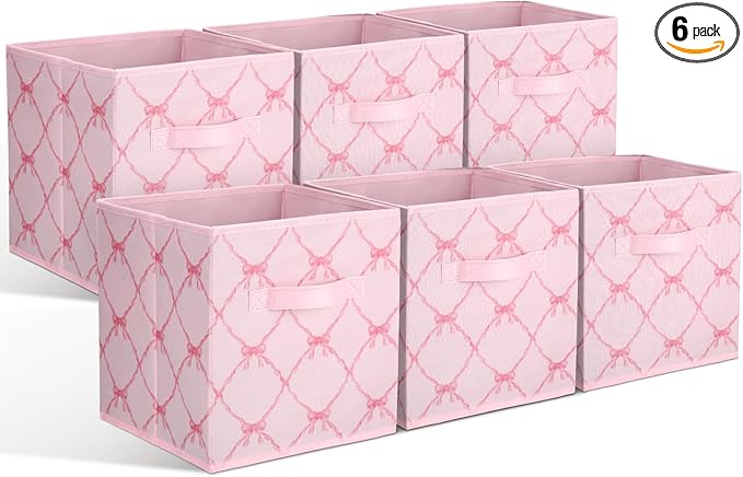 Geelin 6 Pcs Light Pink Bow Cube Storage Bins 11 Inch Storage Basket with Handle, Preppy Girls Organizer Basket, Collapsible Fabric Box for Classroom Bedrooms Office Home Decoration Gift