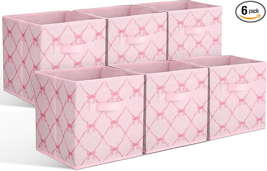 Geelin 6 Pcs Light Pink Bow Cube Storage Bins 11 Inch Storage Basket with Handle, Preppy Girls Organizer Basket, Collapsible Fabric Box for Classroom Bedrooms Office Home Decoration Gift