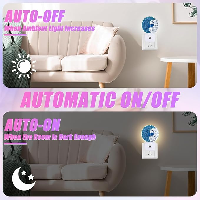 Blue Peacock Night Light Vintage Feathers Night Lights LED Lamp Round Plug into Wall Nightlight with Dusk to Dawn Sensor Home Hallway Stairway Kitchen Decor