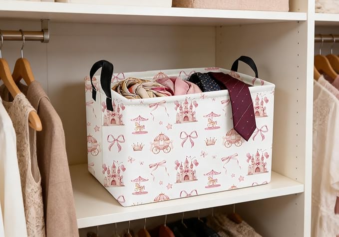 Essme Rectangular Pink Baskets,Girls Storage Box,Cute Basket for Kids with Handles for Room Decor, Book Bins,Shelf Basket.(Castle)