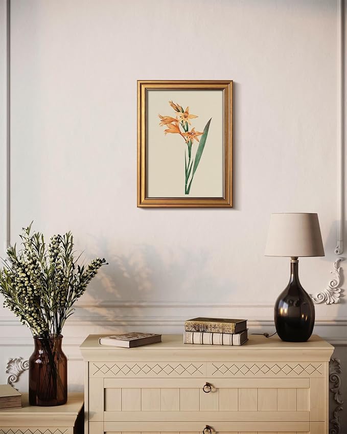 Bzstyleart Vintage Wall Art Decor for Living Room, Gladiolus Yellow Flower Wall Art Botanical, Vintage Floral Botanical Prints, Gold Framed Artwork Room Decor Aesthetic for Bedroom, 12 x 16 Inch