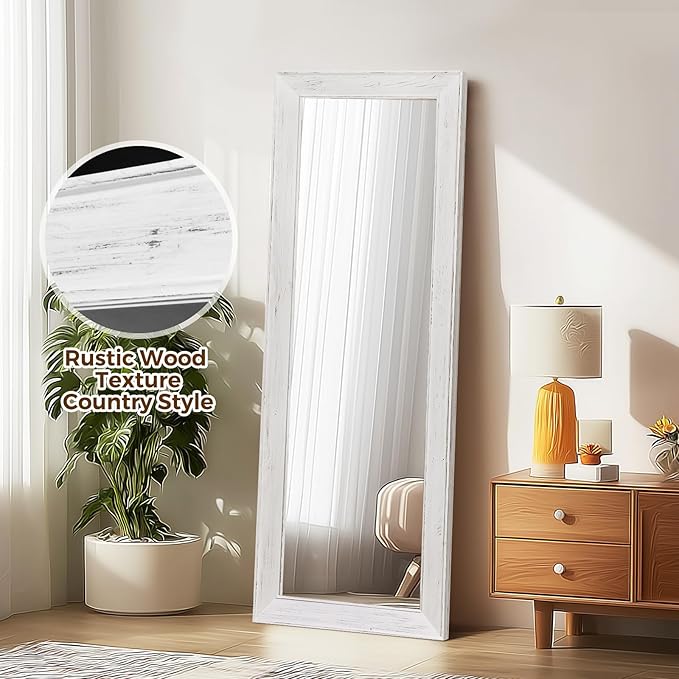 Full Length Mirror 58"x22" - Beveled Edge Rustic White Dressing Mirror, Solid Wood Frame, Wall Mounted or Leaning for Bedroom, Entryway, Living Room