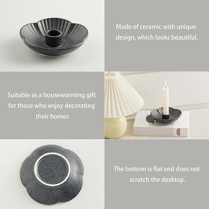 Ceramic Candlestick Holder， Candle Holder for Taper Candles,Incense, Santo Palo, Halloween Christmas Wedding Parties, Dining Room Home Decoration Display (Black)