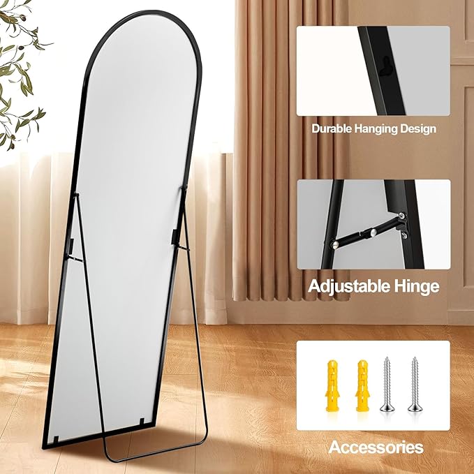 GlasFlength Arched Full Length Mirror with Stand, 57"x21" Free-Standing Leaning Wall-Mounted Mirrors, Elegant Body Mirror for Living Room, Bedroom & Cloakroom, Black