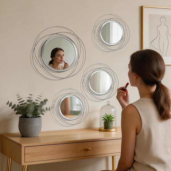4 Piece Gold Round Wall Mirror Set Modern Metal Circle Home Decor for Living Room Bedroom Entryway 11/9 Inch Decorative Mirrors Minimalist Wall Art for Home