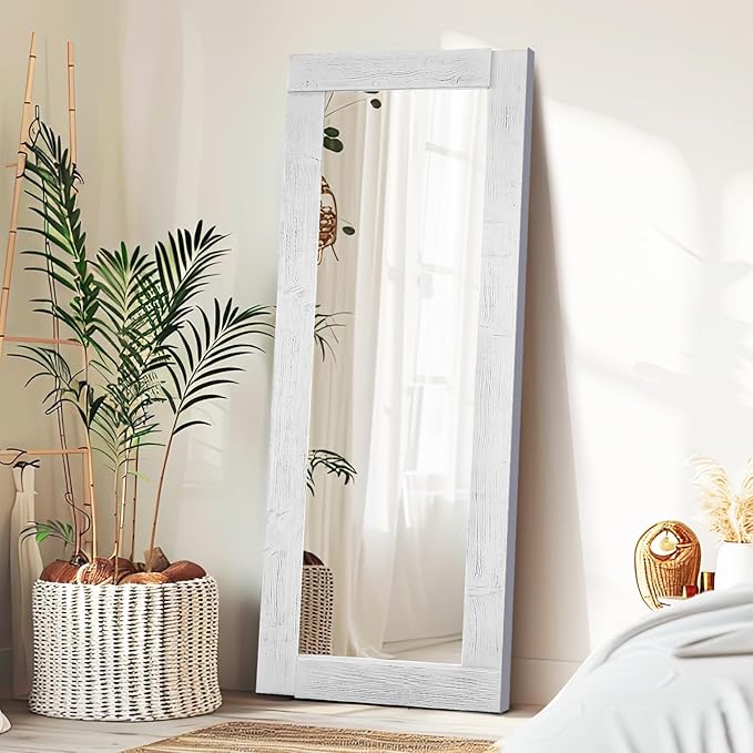 Full Length Mirror 65"x24" – Solid Wood Frame, HD Tempered Glass, Wall Mounted & Leaning, Rustic Modern Decor for Bedroom, Living Room, Entryway, White