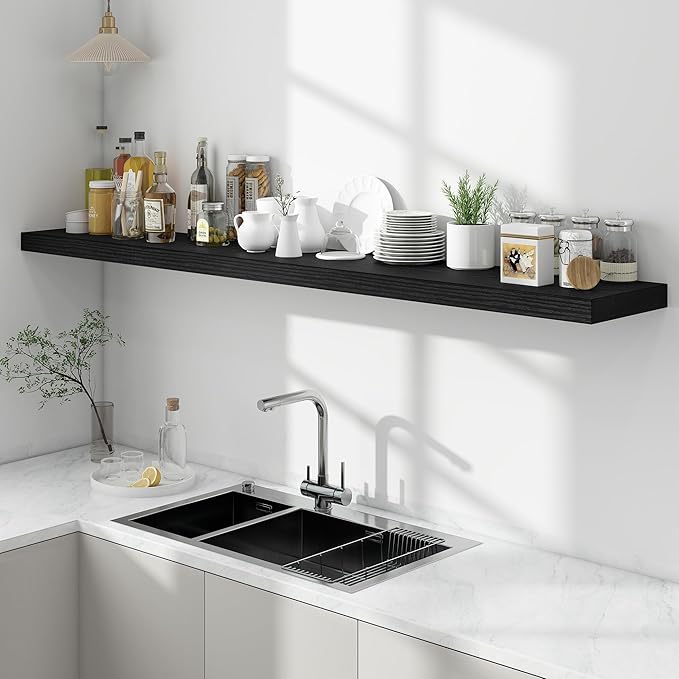 Acovy 72 inch Floating Shelves for Wall, 12 Inch Deep Floating Shelf, Hanging Shelf with Invisible Brackets, Rustic Wooden Wall Shelves for Bathroom, Bedroom, Living Room,Farmhouse Set of 1,Black