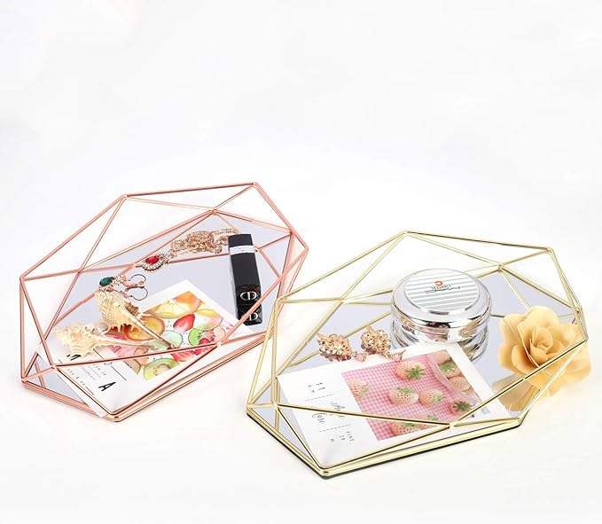 Decorative Tray Mirrored Metal Ornate Vanity Jewelry Cosmetic Table Organizer Storage Geometric Prisma Tray Desk Countertop Decor Gift Nordic Simple Style (Rose Gold)
