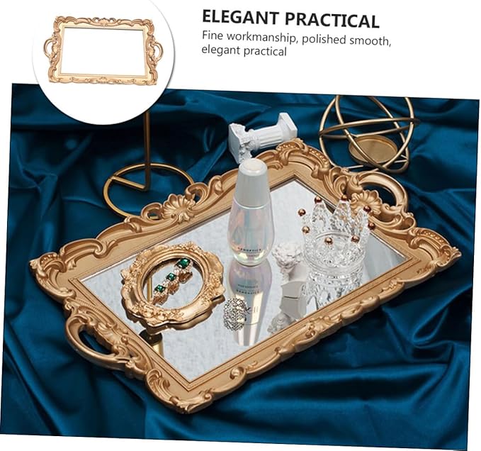 ULTECHNOVO Retro European Mirror Plate Tray, Golden Rectangular Cosmetics Storage Tray for Perfume and Jewelry, Decorative Makeup Organizer for Home Décor and Photography Props
