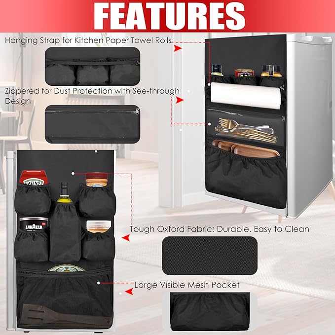 Mini Fridge Organizer Dorm Essentials - Over the Fridge Caddy Organizer, Dorm Room Storage, Mini Refrigerator Dust Cover Top with 12 Extra Large Fabric Pockets for Office Kitchen Home School, Black