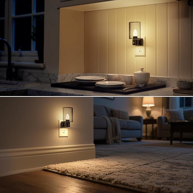 DORESshop LED Night Light Plug in, [2 pack] Night Lights Plug into Wall, Dusk-to-Dawn Sensor, Vintage Farmhouse Decor, 3 Level Brightness Adjustable, Dimmable Nightlights for Adults, Bathroom, Hallway